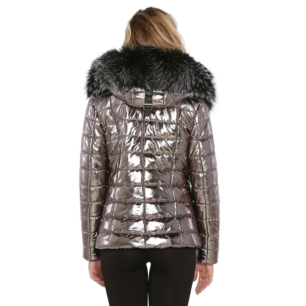 S'elite collection metallic steel hedgehog women coat real fur genuine leather outwear water repellent winter autumn gift