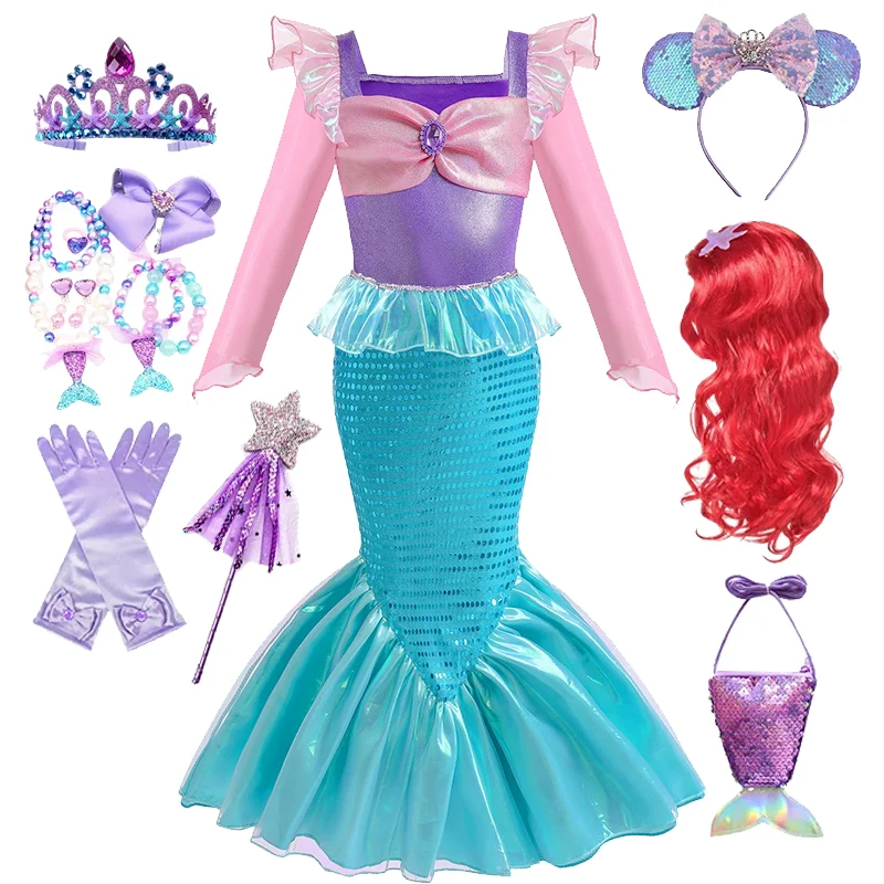 Платье Русалочки для девочек с длинным рукавом розовая одежда Ариэль оборками