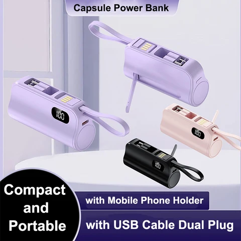 Мини-Power Bank емкостью 5000 мАч с USB-кабелем, портативное зарядное устройство с двумя разъемами, внешний аккумулятор Powerbank для iPhone 17, Samsung, Huawei, Xiaomi