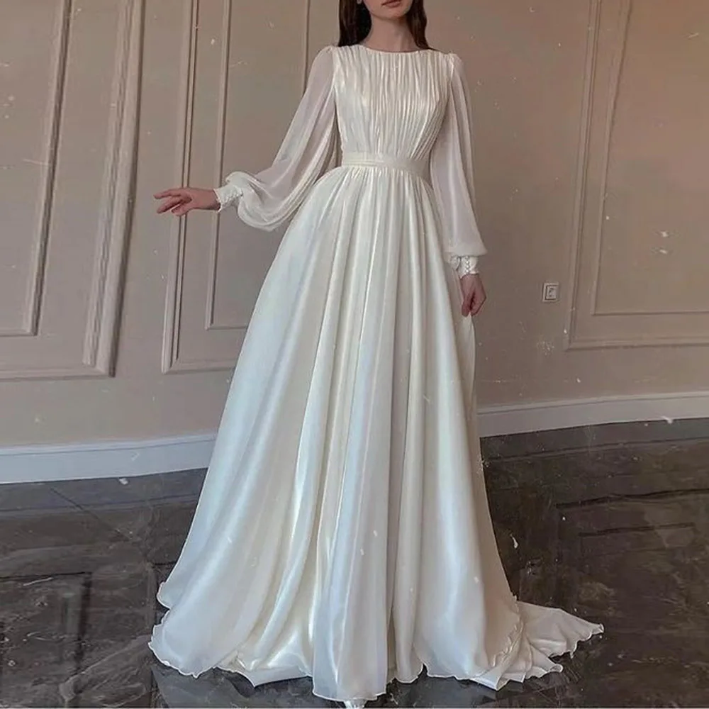 

New Women Fashion Elegant Women Dress Pleated Patchwork Round Neck Loose Pullover Long Sleeve Solid Color Spring Prom Maxi Dress