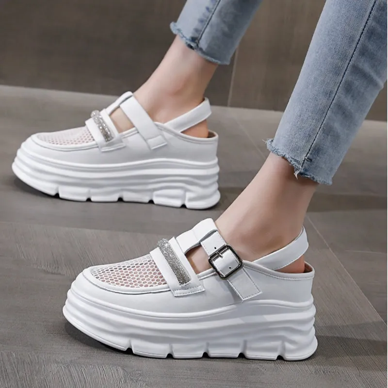 Designer Rhinestone Sports Sandals Sneaker Women Summer Shoes 2023 Genuine Leather Platform Sandal Hollow Mesh Slides Flip Flops