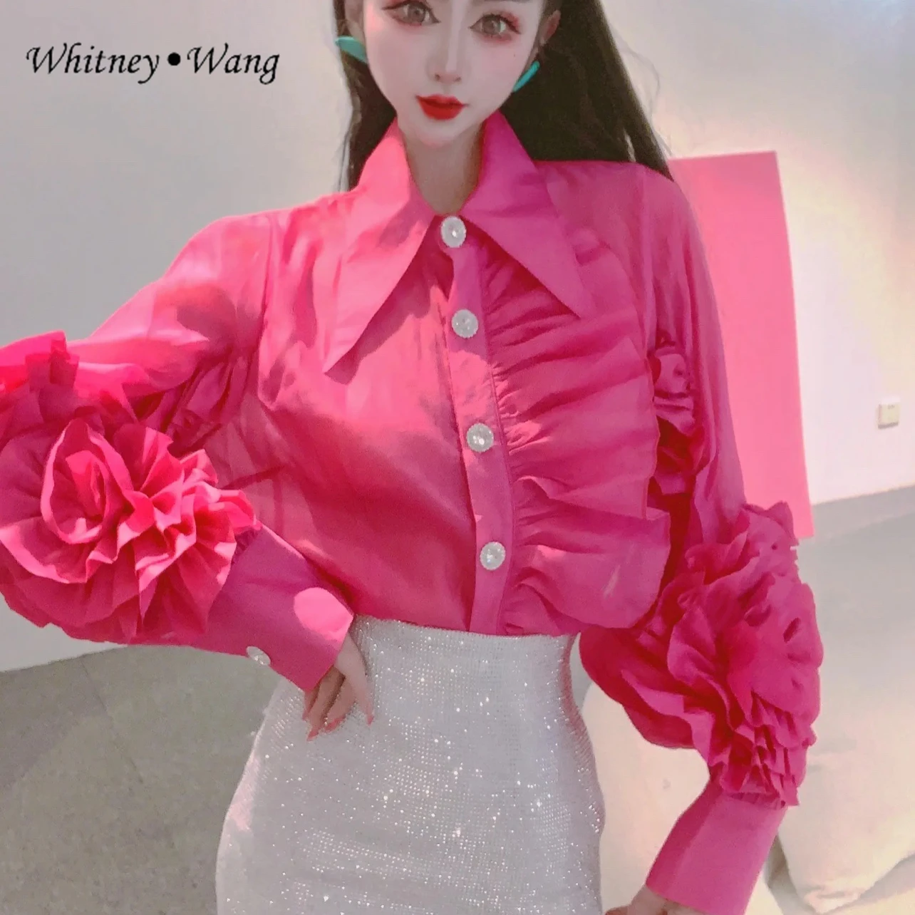 Уличная мода WHITNEY WANG 2022 Весенняя блузка с большими цветочными оборками женская