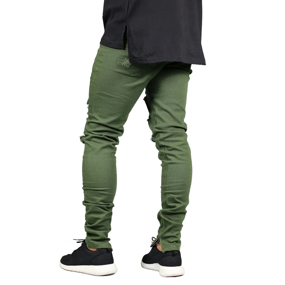 Men Zipper Destroyed Jeans Stretch Fashion Army Green Ripped Men Skinny Jeans Y2631