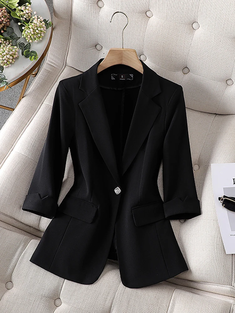 Elegant Office Lady Blazer for Women Spring Summer Three Quarter Sleeves Jacket Coat Single Button Plus Size Outerwear Tops