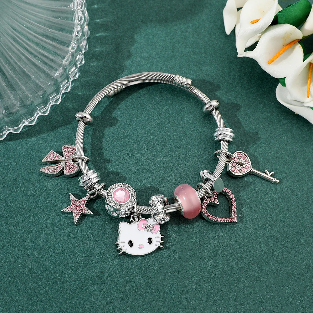 

New In Sanrio Hello Kitty Bracelet Fashion Trendy Girl Y2K Bangles KT Cat Crystal Beads Hand Chains for Women Wedding Jewerly