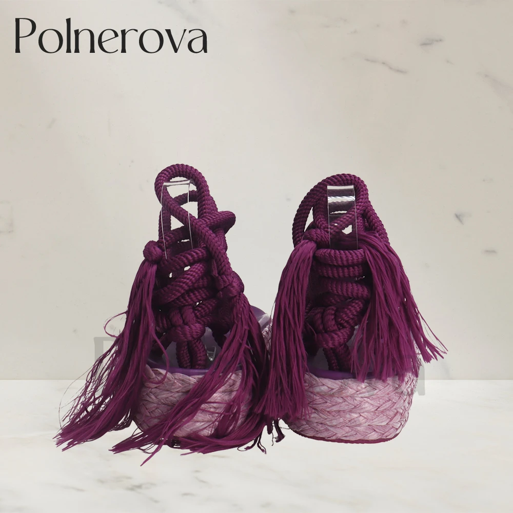 Platform Rope Sandals Tassel Lace Up Summer Shoes Flip Flop Sandals Designer Style Round Toe Shoes for Women Purple Green Beige