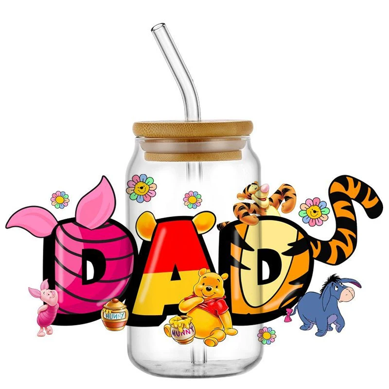 Miniso Super Dad Мультфильм УФ DTF 3D Наклейка Для Стеклянной Банки/чайника Libbey 16 Унций DIY