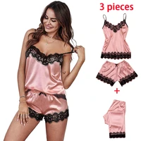 2022 summer sexy lace three piece pajamas womens suspenders home service casual 3 piece sets womens outfits shorts and tops