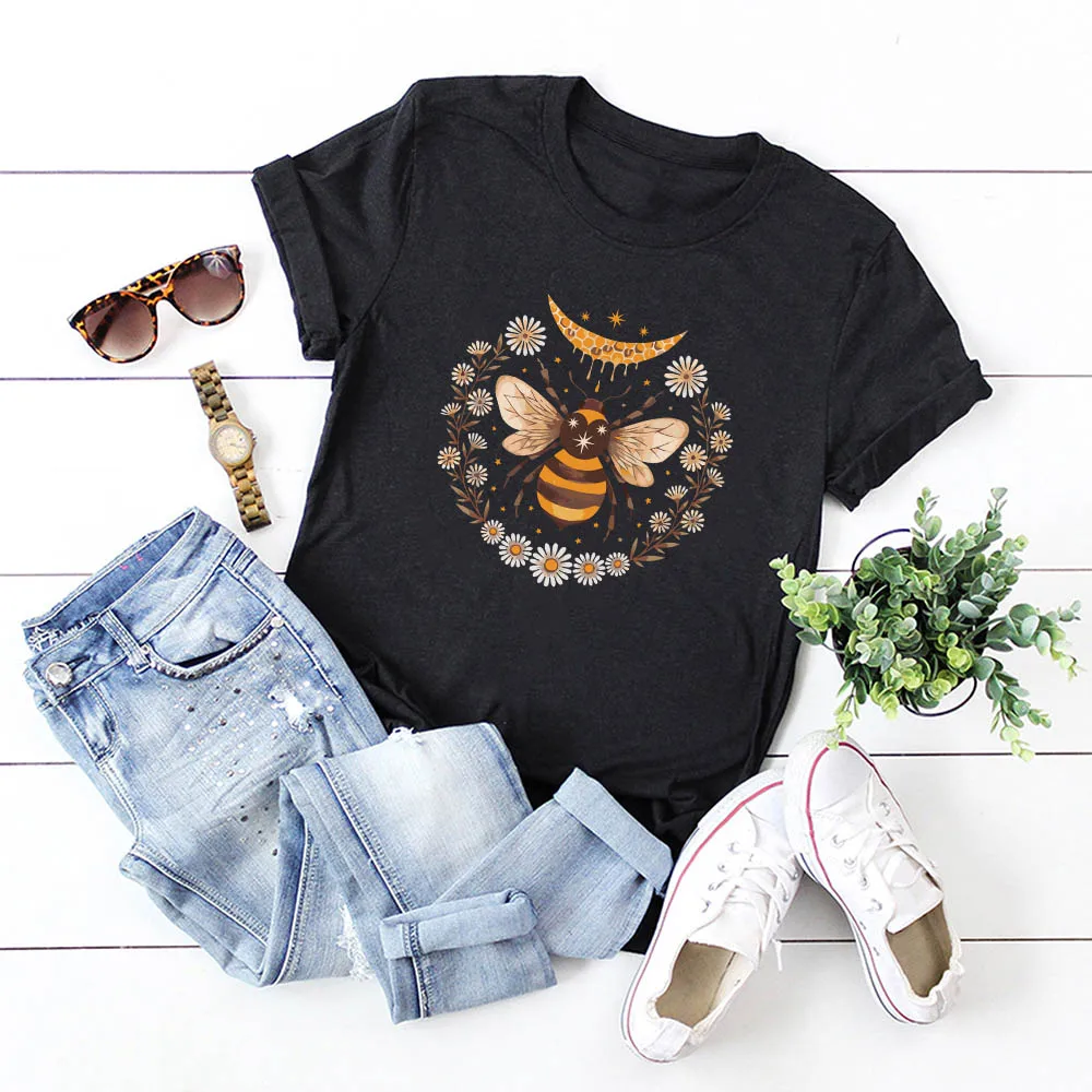 

Cotton Tee Funny Bee Printed T Shirt Women Summer Black Causal Feamle Tops Short Sleeve Tshirts Cute Brand Clothing
