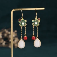 hot selling natural hand carved jade gufa inlay cloisonne earrings ear studs fashion jewelry accessories men women luck gifts