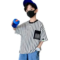 2022 summer new children clothing teen boy t shirt vertical stripe black white casual loose tshirt 5 14 year old korean hot sale