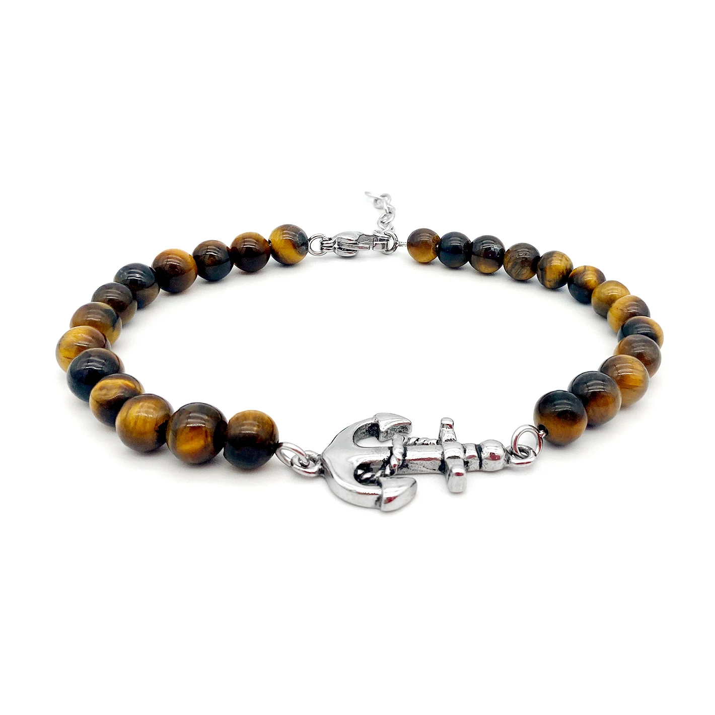 

Runda Men's Bracelet Natural Stone Tiger Eye Beads with Anchor Stainless Steel Adjustable Size 22cm Fashion Charm Bead Bracelet