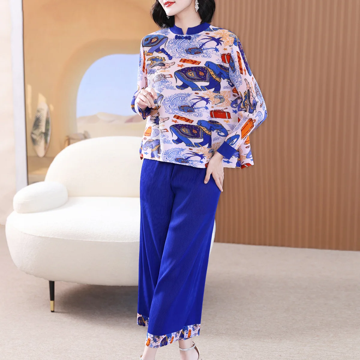 Miyake Noble Dress Moms Fashion Pleated Suit Women 2023 New Printed Wide Lady Casual Top Wide Leg Pants Two-Piece Set Plus Size