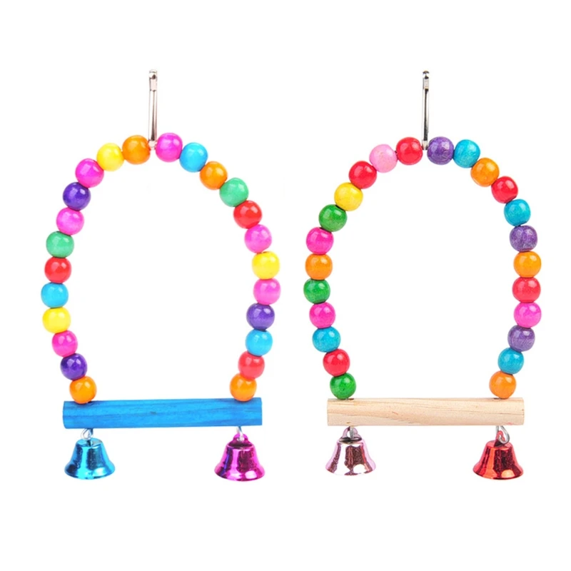 

Natural Wooden Parrots Swing Toy Birds Perch Hanging Cage with Colorful Beads Bells Pet Supplies
