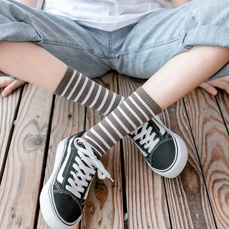 6 Pairs Fashion Women Socks Set Striped Pile Socks Autumn and Winter New Mid-tube Socks Japanese Cute Socks Women's Korean Socks