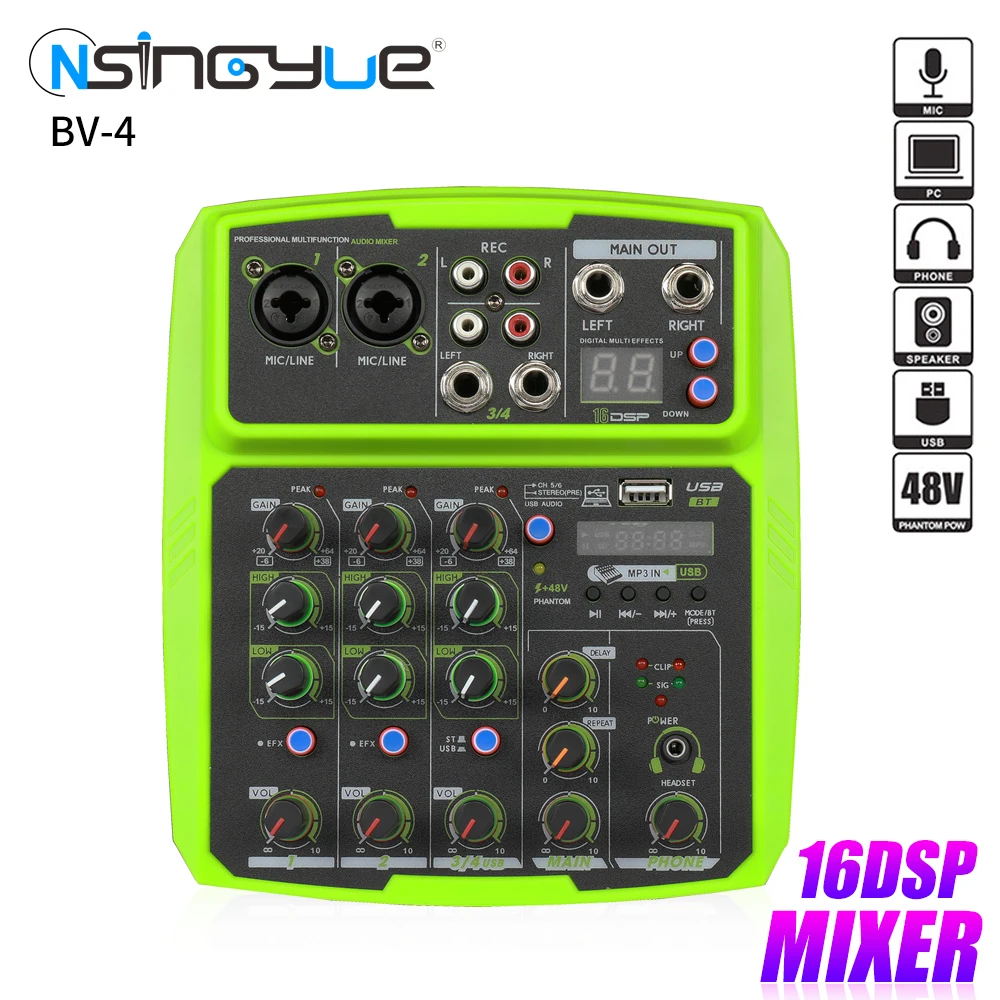 BV4 Portable 4 Channels Audio Mixer USB Mixing Console Supports BT Connection with Sound Card Built-in 48V Phantom Power