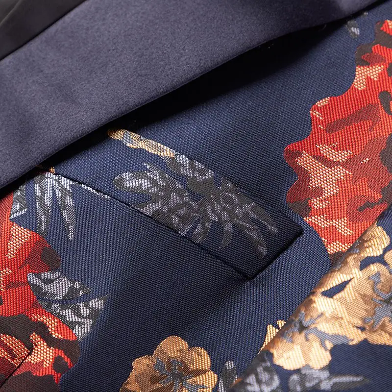 2022 Fashion Printed Blue Jacquard Prom Suits For Men 3 Piece Wedding Tuxedos Custom Made Formal Male Costume Jacket Vest Pants