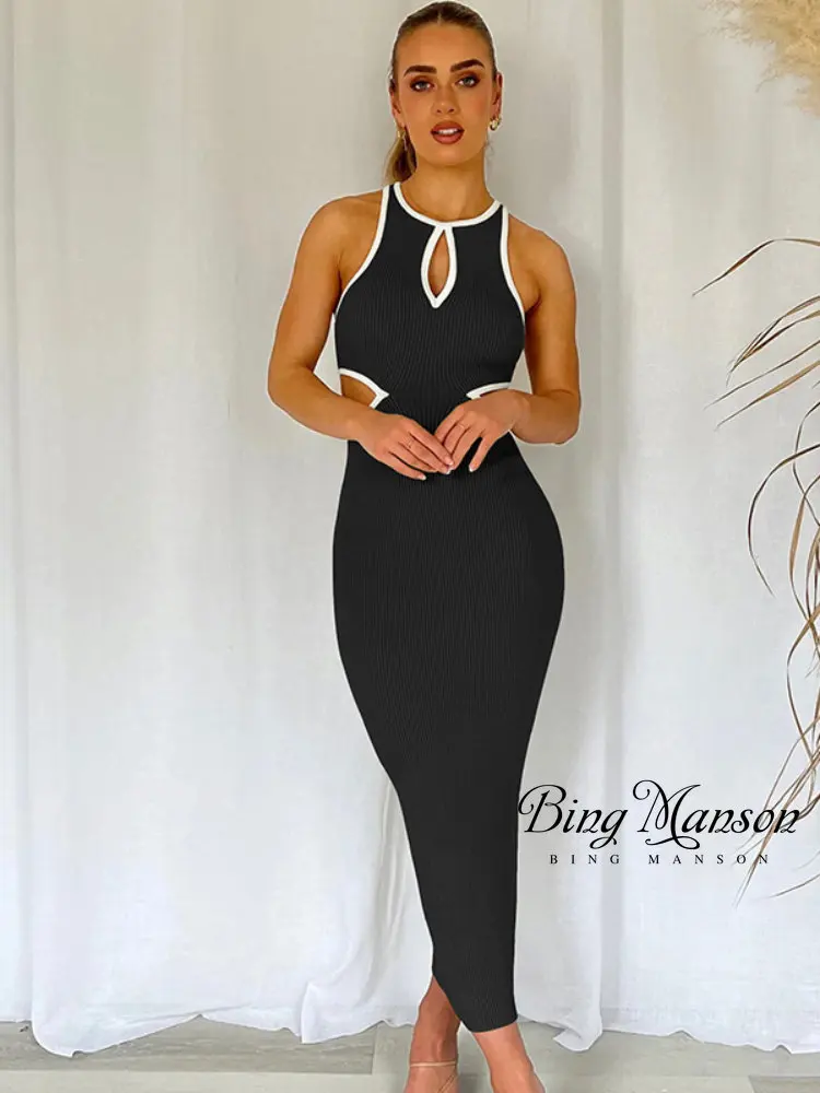 

2023 Summer New Fashion Splicing Hollow Ribbed Work Word Undershirt Dress Tight Sexy Autumn Bottoming Package Hip Dress