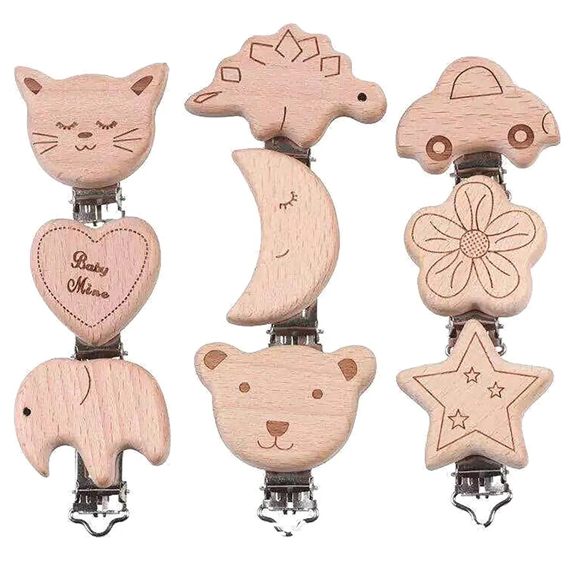 

Engraved Cartoon Animal Flower Heart Moon Baby Drop Proof Beech Wood Pacifier Clip DIY Pacifiers Chain Clip Baby Accessories