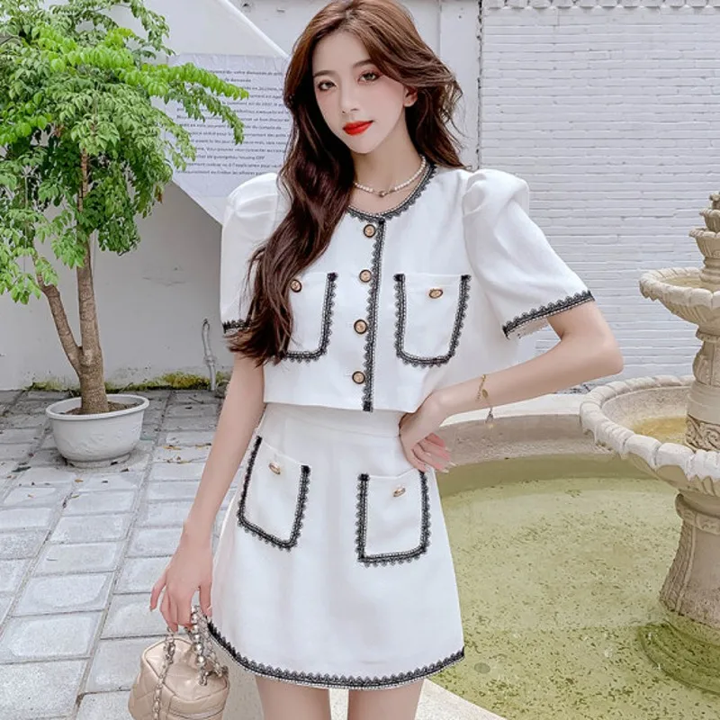 

2022 Summer New Korean Version Temperament Small Fragrance Style Short Lace Jacket + High Waist Skirt Suit
