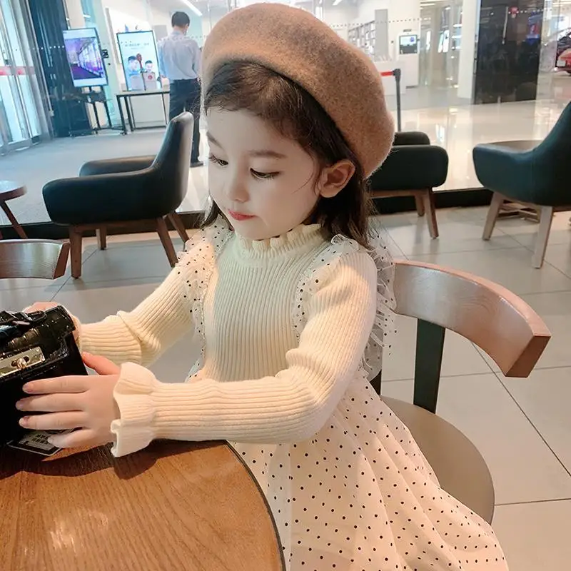 

2022 Girls Autumn Winter Dresses Children's Clothing Kids Casual Dot Mesh Princess Dress Velvet Thicken Dresses Knit Midi skirt