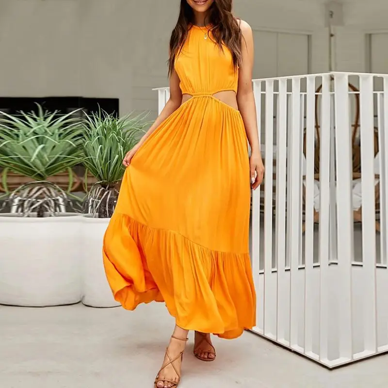 

Halter Chic Solid Color A-line Maxi Dress Cut Out Sexy Off Shoulder Backless Party Vestidos Casual Streetwear Holiday Beach Robe