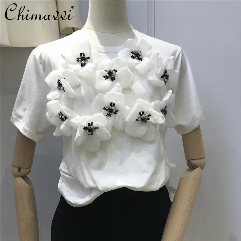 

Three-Dimensional Flower Short-Sleeved T-shirt for Women 2022 Spring New Heavy Beads Diamond Round Neck Pullover All-Match Top