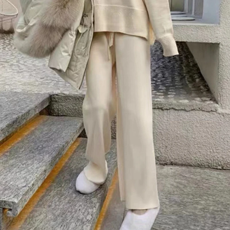 

Soft Wide-legged Pants Female Autumn Winter Thick Warm Loose Straight Pants Solid Tie Knit Pant High Waist Leisure Trousers