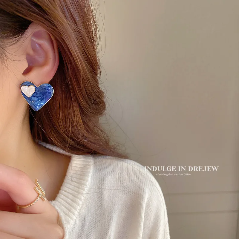 Fashion Double Blue Love Heart Stud Earrings for Women Girls Korean Wedding Party Statement Enamel Jewelry Lady Friendship Gift