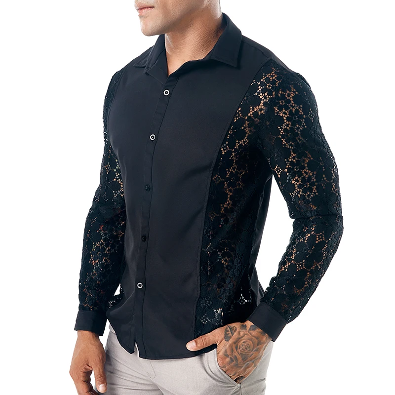 

Autumn College style Unique arm lace shirts men casual slim Stitching lace shirts for men,size S-XXL