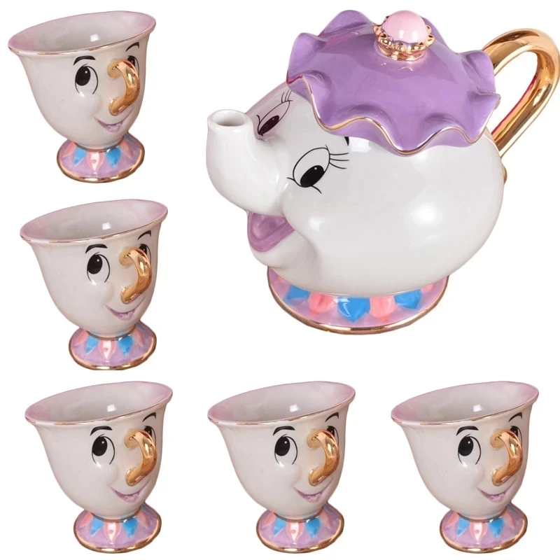 

Новый мультяшный чайный набор «Красавица и Чудовище», Набор чашек Mrs Potts с чипом, чашка для сахарницы [1 горшок + 5 чашек], детский подарок