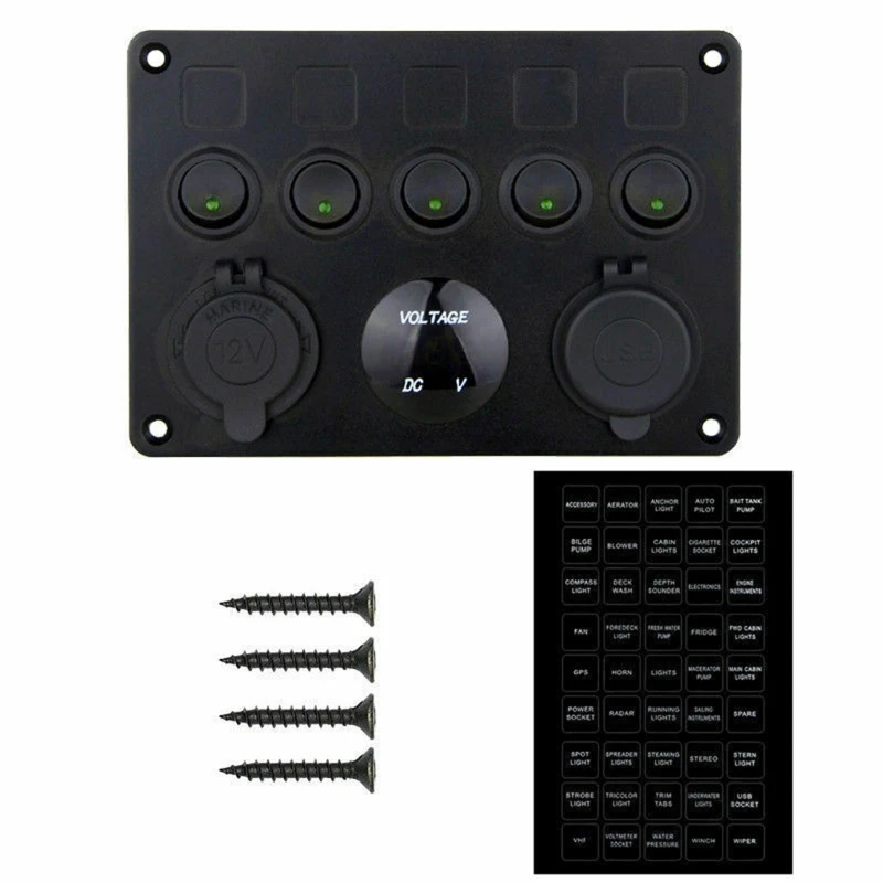

5 Position On/off Charger Socket Panel USB Power Socket Voltmeter Cigarette-Lighter Switch for Truck Ships Motorhomes RV