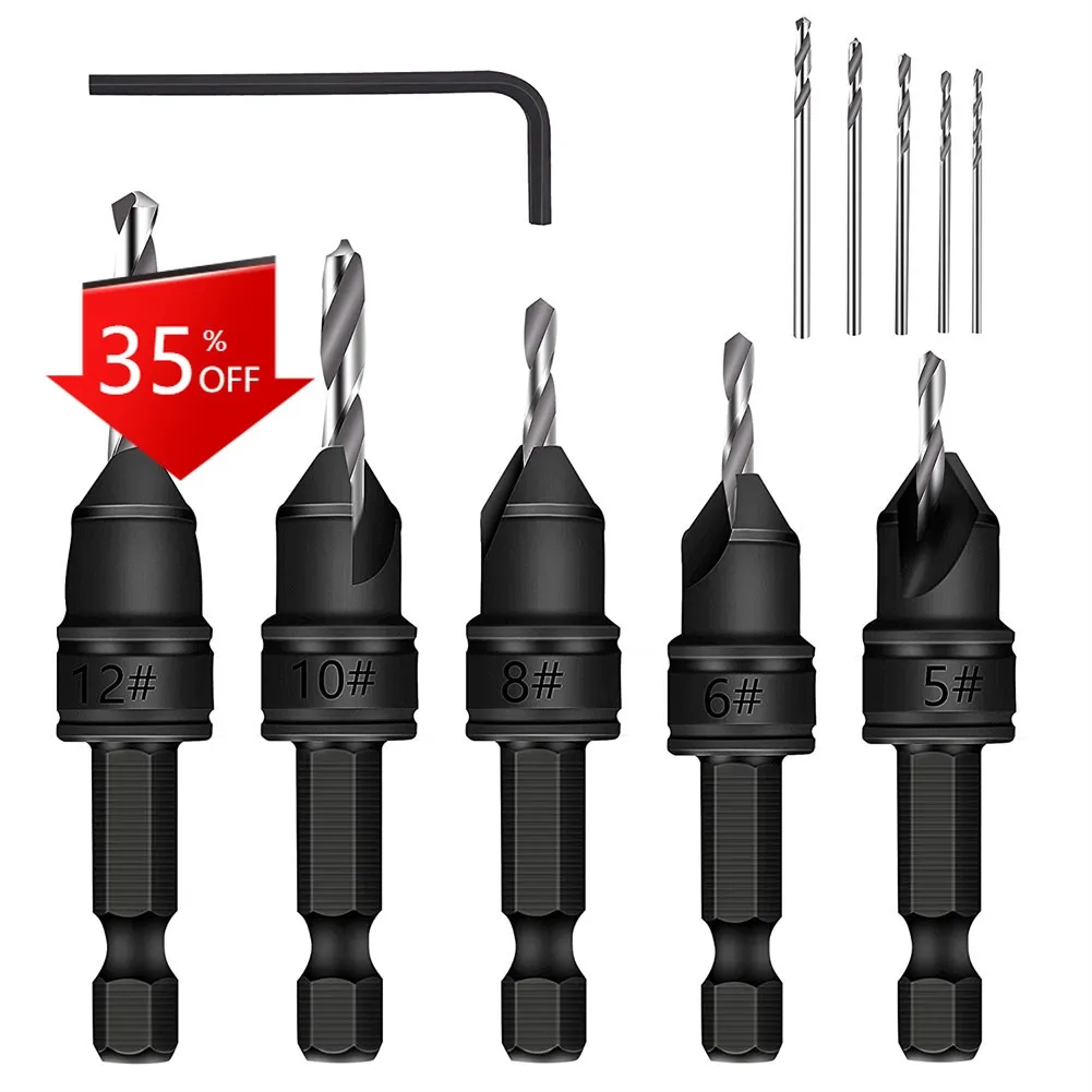 

11pcs Countersink Drill Woodworking Drill Bit Set Drilling Pilot Holes For Screw Sizes #5 #6 #8 #10 #12 With A Wrench Tools
