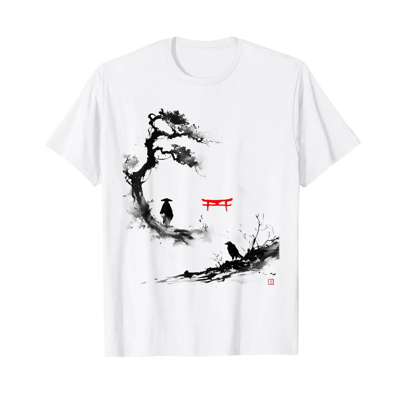 Фото Футболка Samurai Zen Ink Art Japan Minimalism Raven Torii, белая, размер S, винтажная, с эффектом потертости, универсальная, удобная, унисекс №1