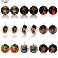 somehour royal africa queen beautiful black art print wooden drop earrings afro ethnic curly headwrap print women dangle jewelry
