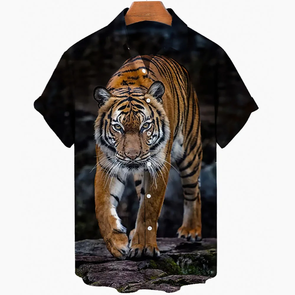 2022 Hawaiian Men's Shirts Clothng Tiger Casual One Button Vintage Shirts Print Short Sleeve Beach Oversized Shirt Tops Blouse