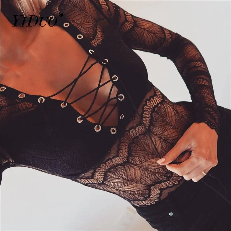 

YiDuo Women Sexy See Through Long Sleeve Lace Bodysuit V-Neck Lace Up Black Body Top Femme Club Party Bodycon Slim Jumpsuit 2022