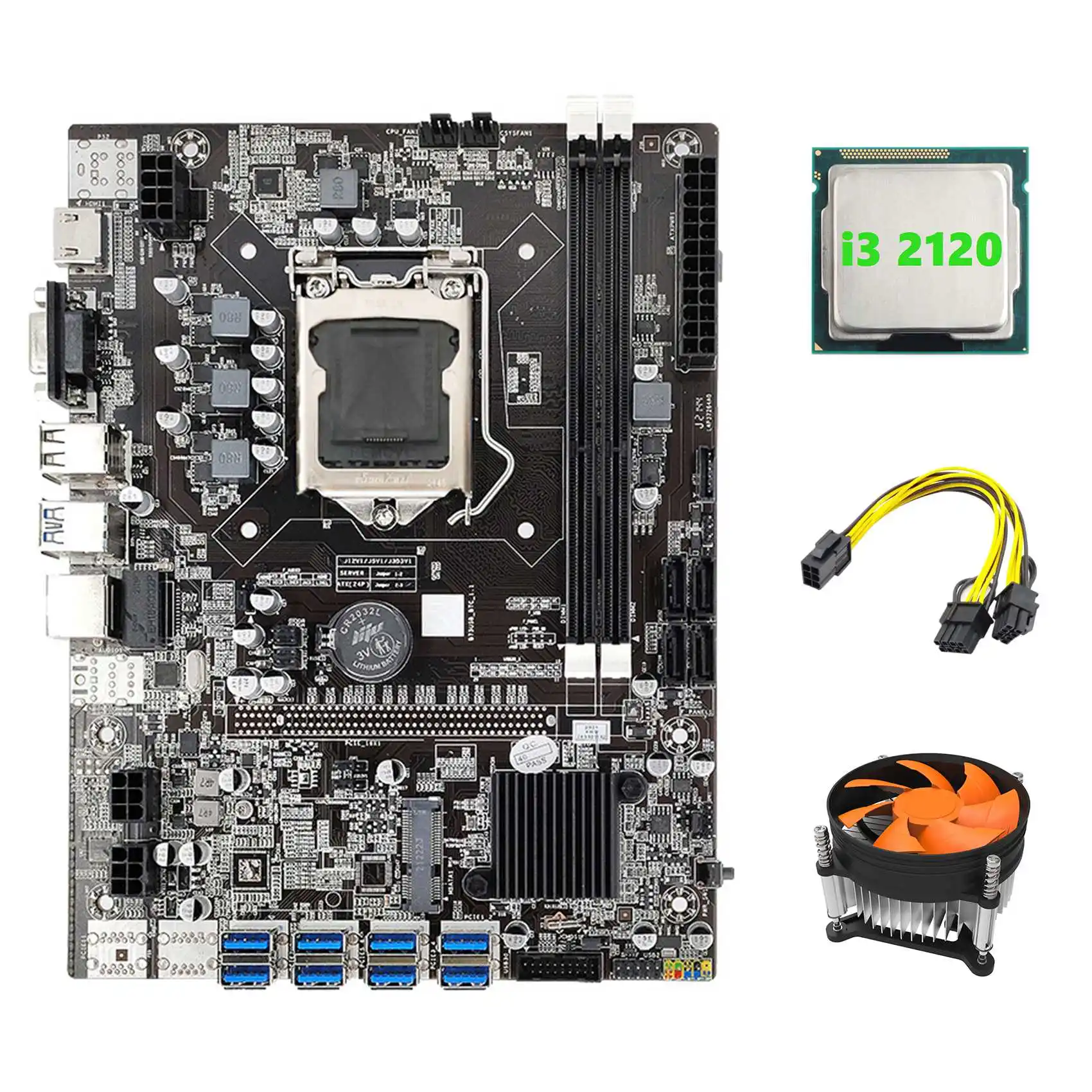 

B75 USB ETH Mining Motherboard 8XPCIE to USB+I3 2120 CPU+6Pin to Dual 8Pin Cable+Fan LGA1155 B75 BTC Miner Motherboard