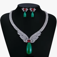green wings cubic zirconia bridal wedding necklace earring setexcellent women prom party jewelry sets