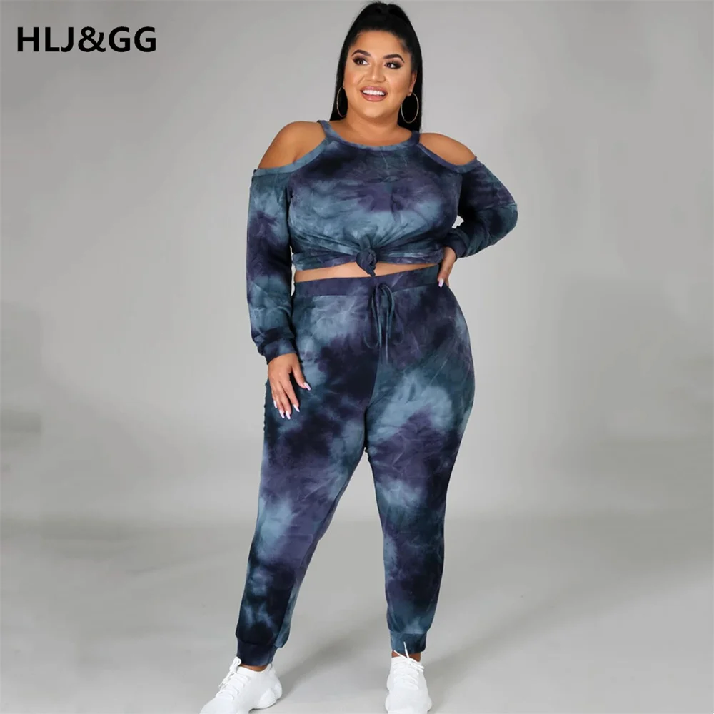 HLJ&GG Tie Dye Off Shoulder Plus Size Sport Casual Suits Sets Women 2Pcs Tracksuit Fashion Long Sleeve T-Shirt+Long Pants L-5XL