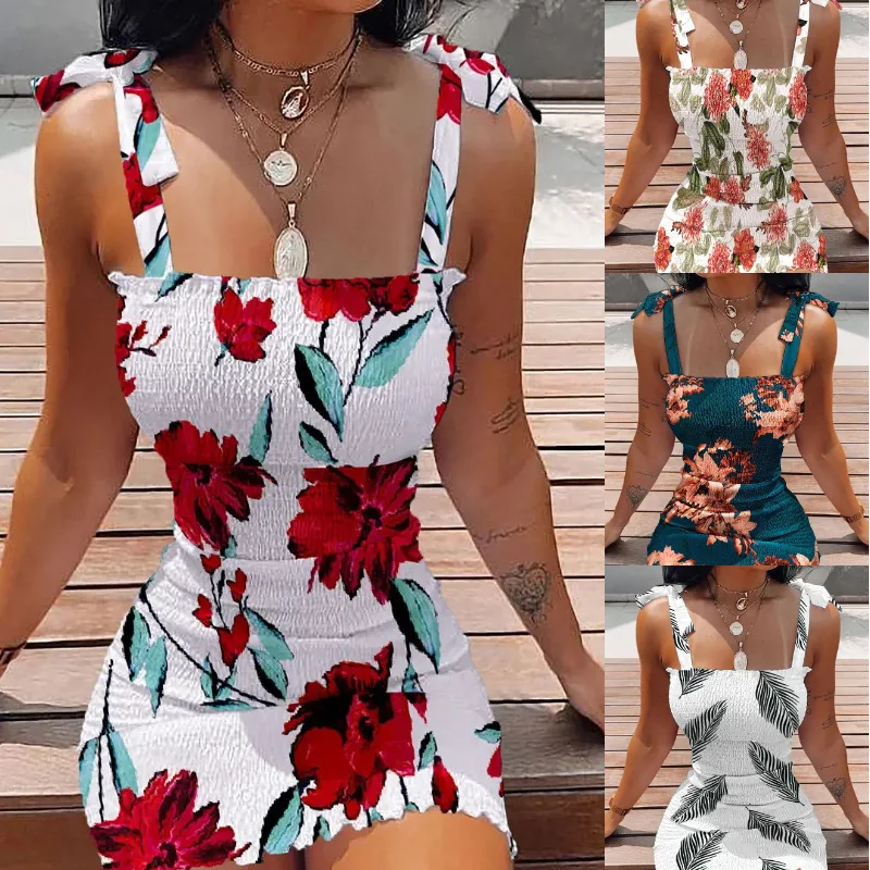 

Women Dress Summer Sexy Slim Pleated Solid Color Printing Dress Women's Spaghetti Strap Square Collar Lace-up Backless Dress