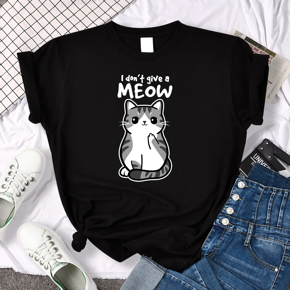 I Don't Give A Meow Women T Shirt Funny Cat Cartoon Animal Print T-shirts Women Kawaii Pattern Top Womens Tees Vintage Y2k Tops