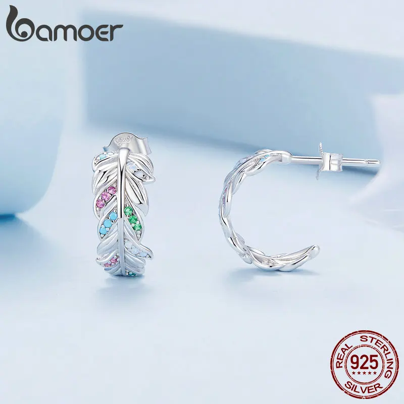 Женские серьги-гвоздики Bamoer из стерлингового серебра 925 пробы с цветными перьями