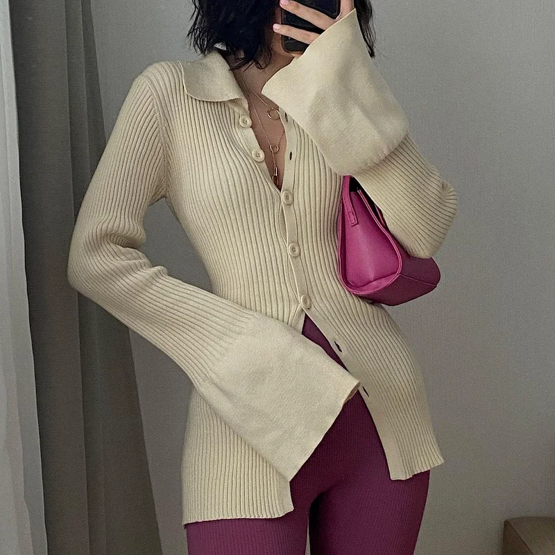 Elegant Knitted Top Womens Ribbed Single-breasted Sweater Shirt Top Stretch Waist Flared Sleeve Cardigan Jacket Womens Sweater