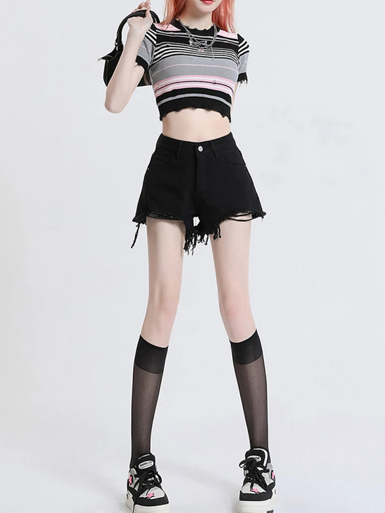 Streetwear Women High Waist Loose Hole Frayed Denim Shorts Spring Summer Female Button Wide Leg Jeans Shorts Bottoms