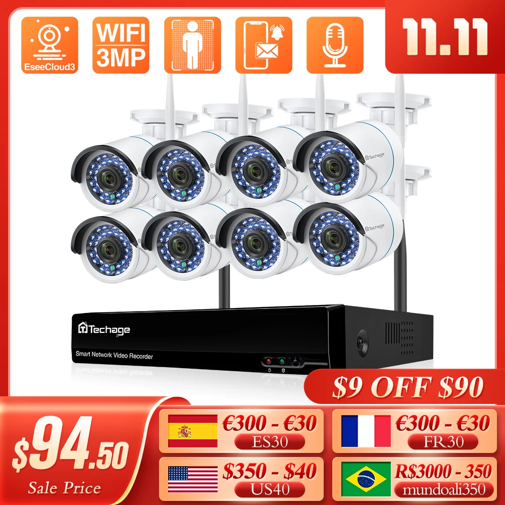 Дешево Techage H.265 8CH HD 3MP CCTV Система видеонаблюдения Беспроводной сетевой видеорегистратор Набор Wi-Fi IP-камера безопасности Открытый Аудиозапись Камер...