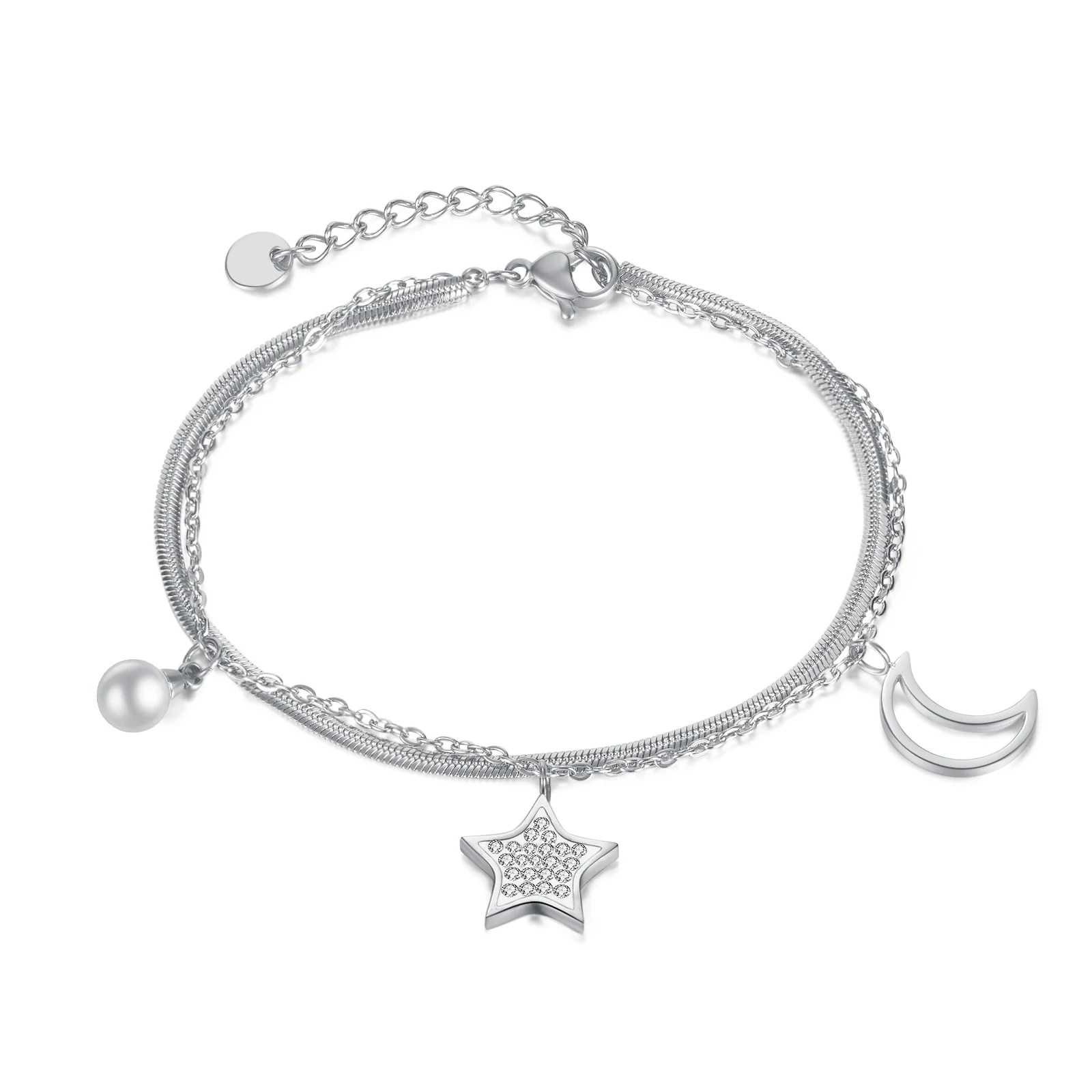 

Bracelet For Women Stainless Steel Charm Moon Star Set Zircon Pearl Bangles Party Jewelry Gift