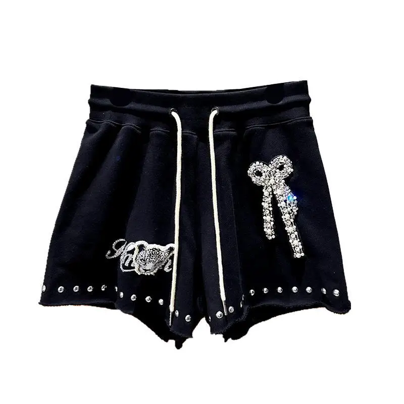 Fashion Brand Rhinestone Casual Shorts Women 2023 Summer A- Line Diamond Bow Pearl Heavy Industry Leopard Head Booty Shorts