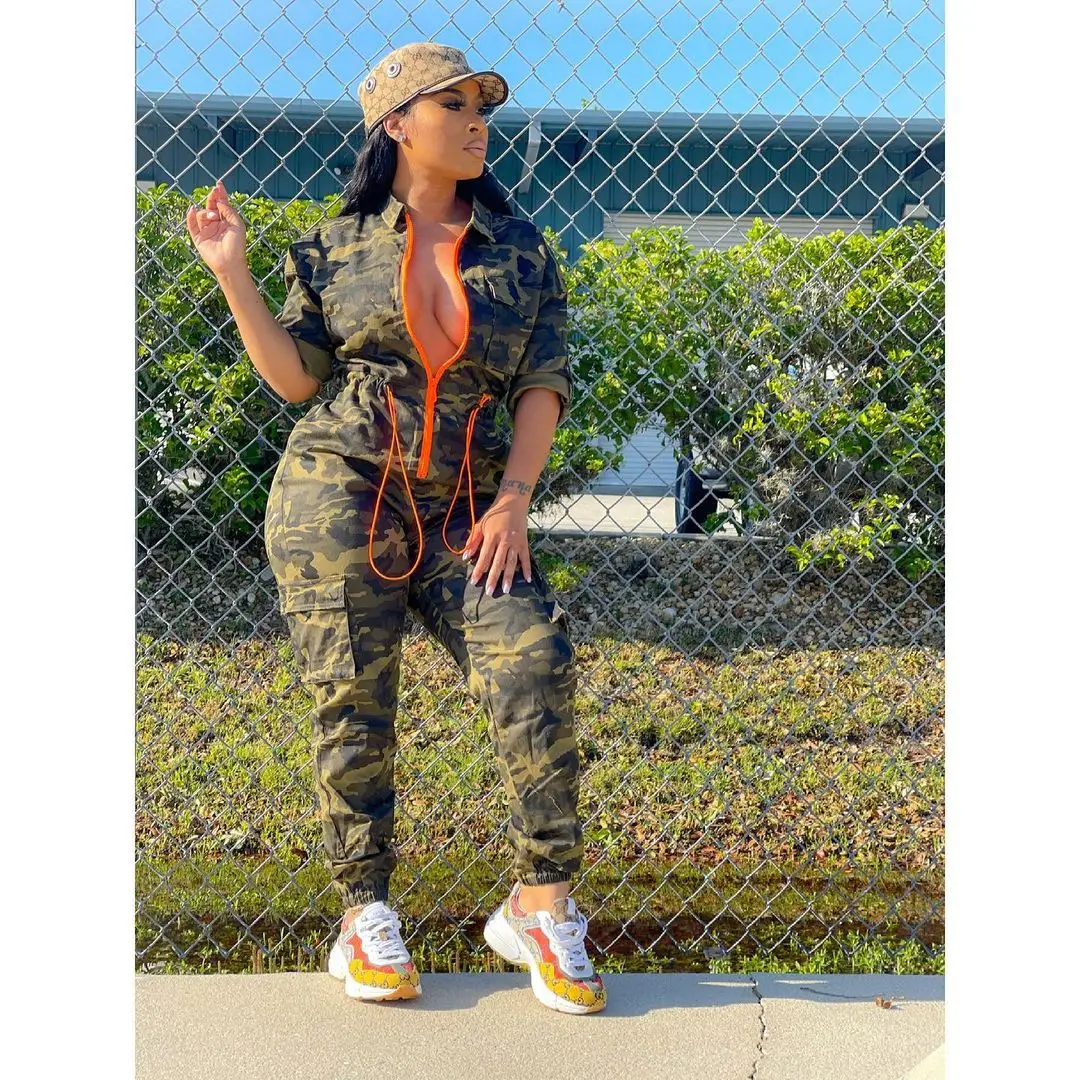 

Women Camouflage Zipper Pokcet Loose Casual Jumpsuit Long Romper Pants Overalls Playsuits