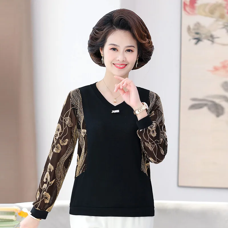 

Patchwork Blouse Women Fashion long sleeves V-neck T-shirt Casual Loose gold wire Print Shirt Top Blouse For Women